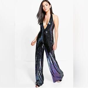 Boohoo night Lois all over sequin jumpsuit halter black purple date disco eras 4